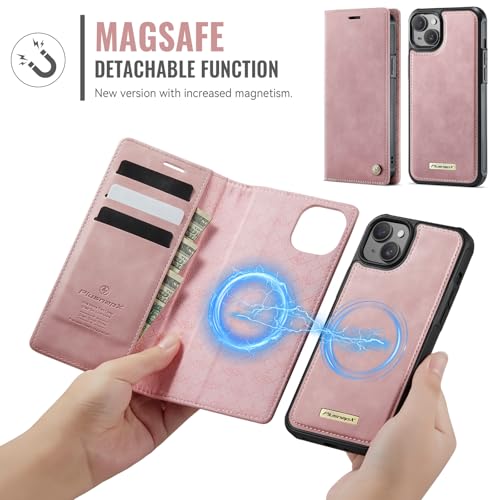 Image of Wallet Case for iPhone 13 Compatible with Magsafe, 2-in-1 PU Leather Flip RFID Blocking Card Holder Stand Shockproof Magnetic Detachable Cover for iPhone 13 Case 6.1 inch, Pink