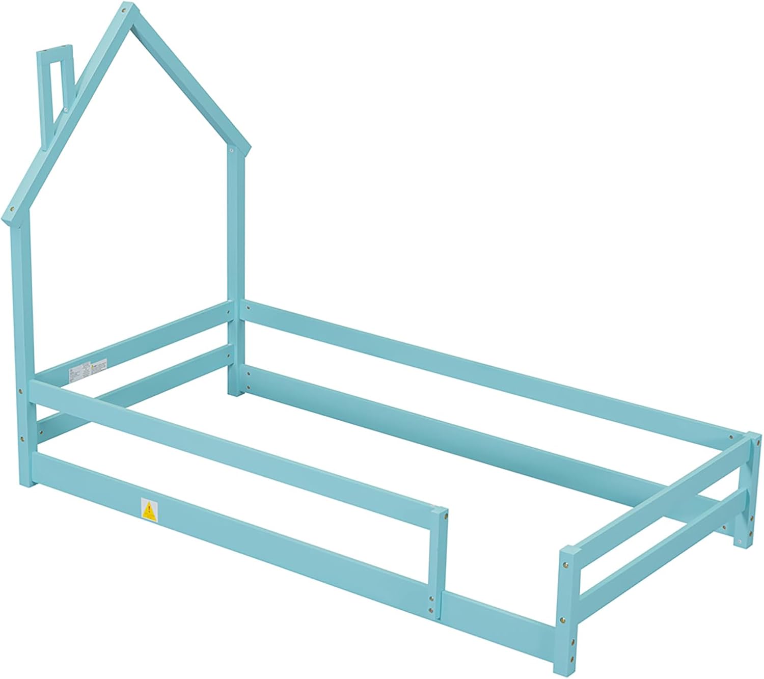 Pine Wood Floor Bed Frame with House Shaped Headboard Full-Length Guardrails Twin Size for Toddler Kids Girls Boys (202 x 113.8 x 145cm) Blue One Size