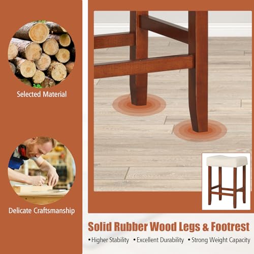 Image of COSTWAY Wooden Saddle Stools Set of 2, 25-inch Backless Counter Height Chairs with Rubber Wood Frame, Footrest, Max Load 330 Lbs, Upholstered Bar Stools for Kitchen Island, Light Beige+Brown