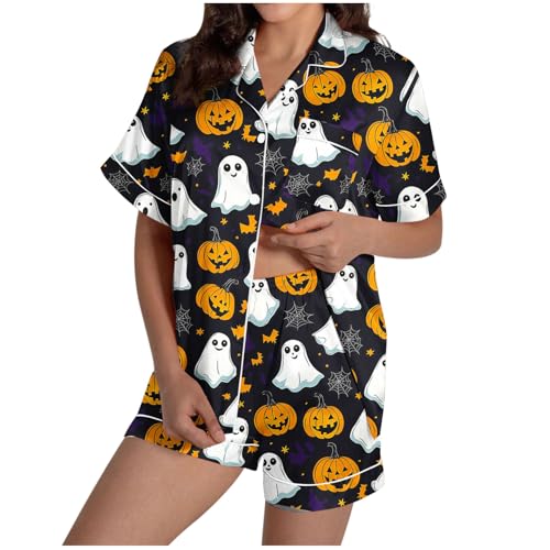 2 Piece Womens Causal Halloween Pajamas Ladies Comfortable Loose Short Sleeve Button Down Party Holiday Costume Womens Halloween Outfit (Black+M)