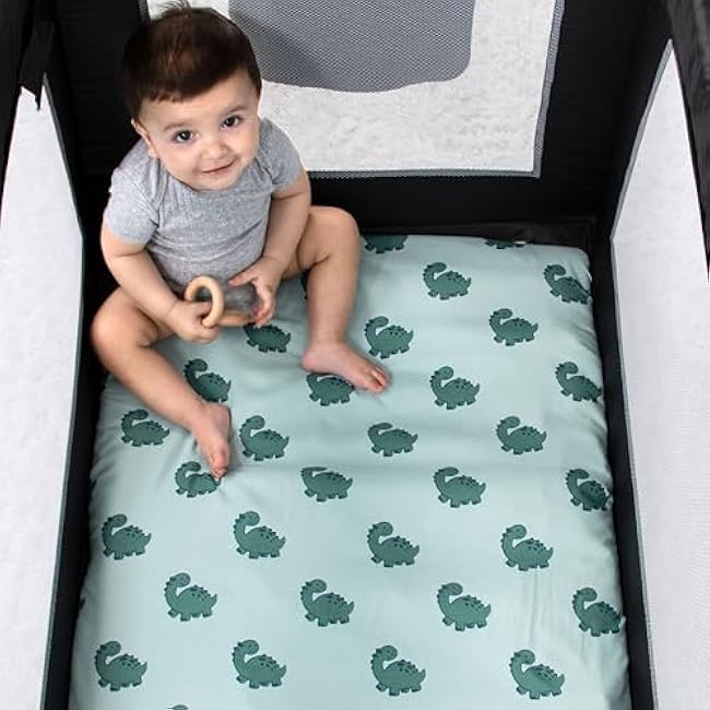 The Peanutshell 3-Pack Fitted Playard Sheets - Soft & Breathable Baby Boy Mini Crib Sheets, Pack N Play Mattress, Fits Standard Playard Pack Play Mattresses - Green Dino