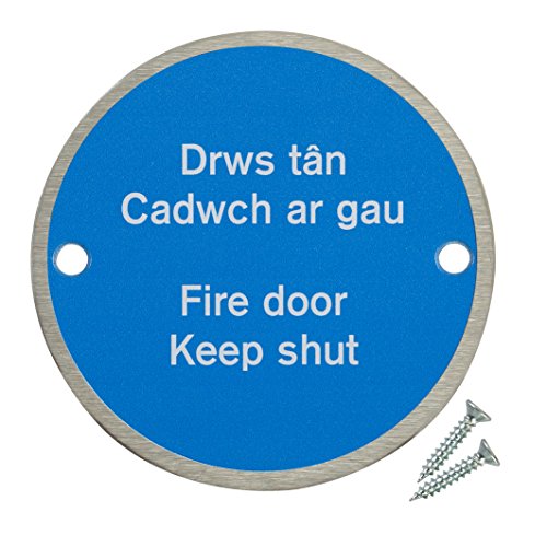 Fire Door Guru® Welsh Fire Door Keep Shut Sign - 76mm Disc – Stainless Steel - Bi-Lingual Safety Sign - Fixings Included
