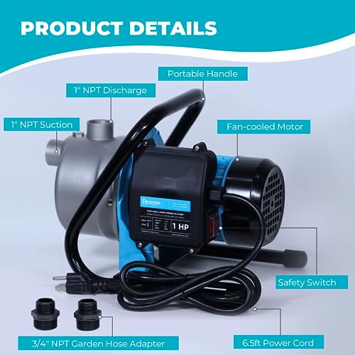 BOMGIE 1 HP Portable Shallow Well Pump, Small Water Transfer Garden Pump, 980GPH Sprinkler Booster Electric,115V Self Priming Draining Irrigation for Lawn Fountain - Thumbnail 6