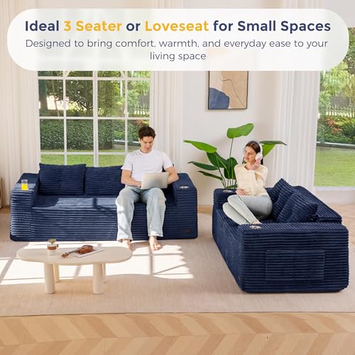 Image of MAXYOYO 79 inch Oversized Boneless Loveseat Sofa Couch for Small Spaces, Mini Love Seat Floor Couch with Cup Holders and Pillows, 3-Seater Upholstered Cloud Couch for Bedroom, No Assembly Required