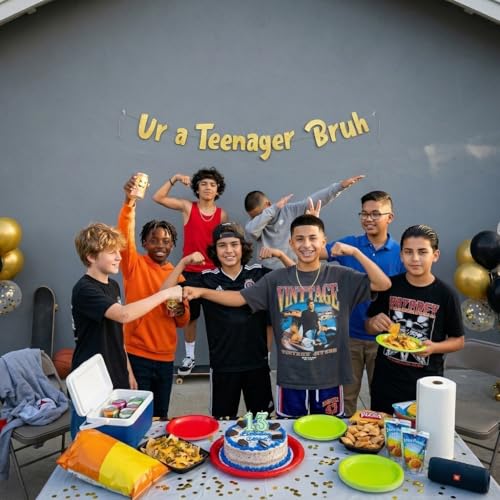 Image of Sterling James Co. Pre-Strung Ur a Teenager Bruh Gold Glitter Banner - Funny 13th Birthday Decorations for Teen Boys and Girls - Birthday Party Supplies and Gifts