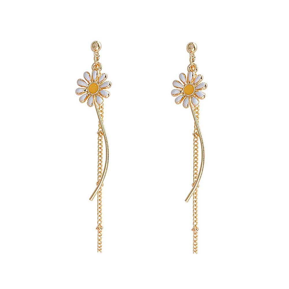 Tassel Daisy Flowers Earrings for Women. Long Chain Sunflower Earrings Green Leaves Pearl Dangle Earring Girl's Jewelry