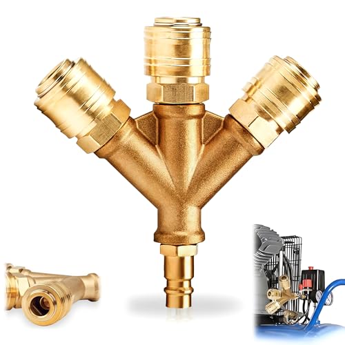 GWAEPU 3-Wege Druckluftverteiler NW 7.2 mit Rein-Messing Kupplungen 1/4 Zoll Druckluft-Y-Verteiler für Kompressor & Schlauch Hochbelastbare Kupferbeschichtung 3-Fach Luftweiche für Werkstatt