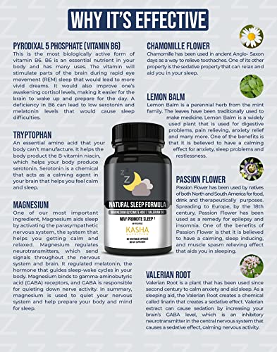 Kasha Nutrition Natural Sleep Formula W/Magnesium Glycinate – Melatonin Free, Non-Habit Forming Herbal Sleep Supplement | Adult Bedtime Support | Chamomile, Valerian & More. 60 Vegan Capsules #TOP1