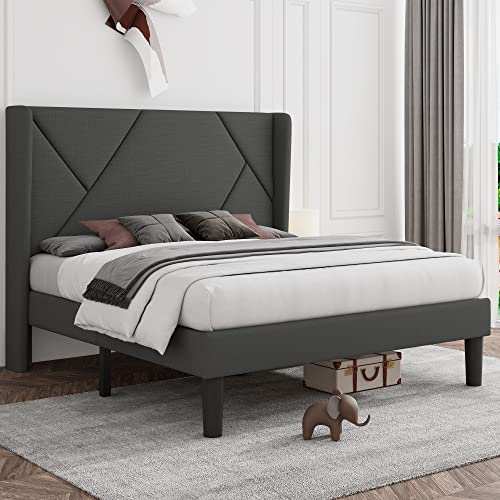 Feonase Full Platform Bed Frame With Wingback Headboard, Geometric Upholstered Heavy Duty Bed Frame With Solid Wood Slats, No Box Spring Needed, Easy Assembly, Noise-Free, Dark Gray #TOP2