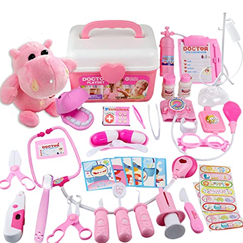 B&K 42 Pcs Medical Toy Kids Doctor Pretend Play Kit, Pretend to Play Set with Stethoscope for Kids Doctor Role Play Costume Dress-Up, Birthday Gifts (42 PCS PINK)