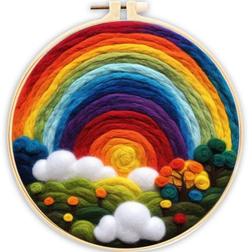 CaptainCrafts Needle Felting Kit, Wool Felt Supplies, Embroidery Hoops, Wool Painting Tools Needle Felting Starter Kit for DIY Decoration (Rainbow Clouds)