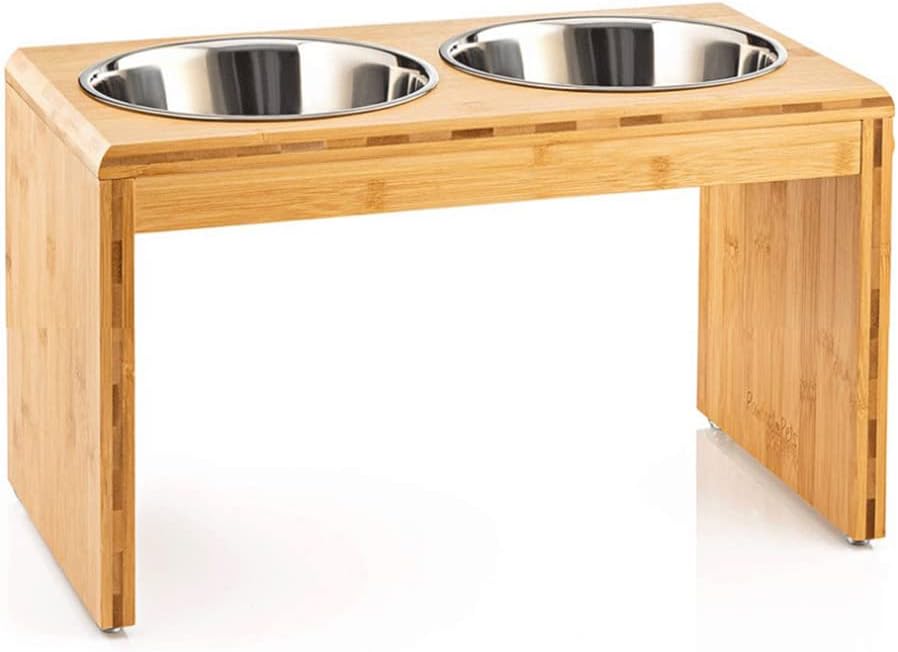 Comedero Elevado de Bambú, Comedero para Mascotas, Comedero Perro Elevado con 2 Cuencos de Acero Inoxidable y Pies de Goma Antideslizantes, Comederos para Perros Medianos y Grande (2 Cuencos)