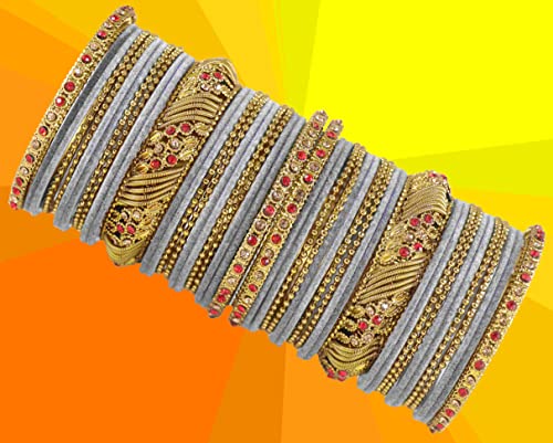 Image of NMII Metal with Zircon Gemstone and Beads Studded Ball Chain Linked Glossy Finished Velvet Bangles Chuda set for Women and Girls