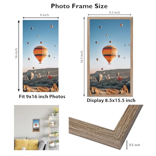Image of JCJMY 9x16 Picture Frame Rustic Brown for Wall Hanging, Wall Mounting Horizontally or Vertically, 9 x 16 Wall Gallery Poster Photo Frame with Shatter Resistant Plexiglass, Rustic Brown