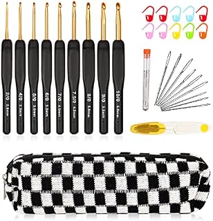Aeelike Crochet Hooks Sets Soft Grip with Case, Ergonomic Crochet Hooks for Arthritic Hands, Crochet Set with 9 Pcs Black Rubber Handle Metal Crochet Needles(2.0-6.0 mm), Beginners Crochet Starter Kit