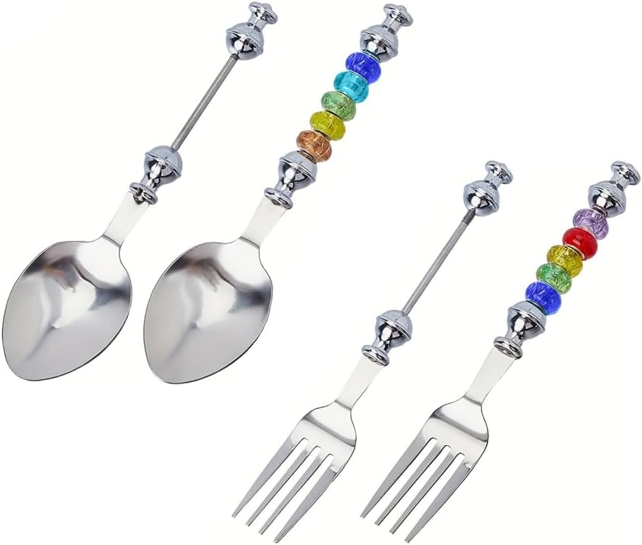 4Pcs Customizable Stainless Steel Spoons and Forks Set with 28 Plastic Beads Beadable Tableware Beaded Cutlery Kits