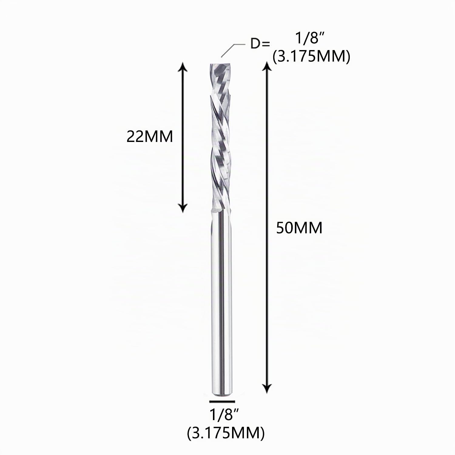 SpeTool Lot de 5 fraises hélicoïdales CNC à compression 3,175 mm (1/8") Diamètre de coupe Tige 22 mm Longueur de coupe HRC55 Fraise à queue CNC pour bois