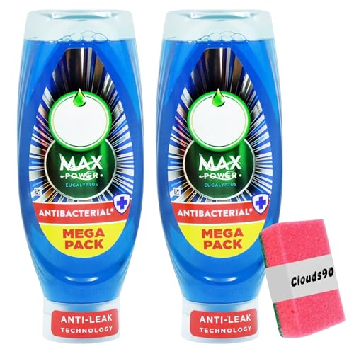 FAIRY's Max Antibacterial Power Washing Up Liquid Eucalyptus – 2 x 730ml with Sponge, Anti-Leak, Tough on Grease