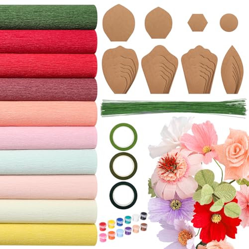 Marspark 142 Pcs Crepe Paper Flower DIY Kits, Include 10 Rolls Crape Paper 28 Flowers Template Kit 100 Green Floral Iron Wire 3 Floral Band Pigment for Craft Birthday Parties Weddings Decoration