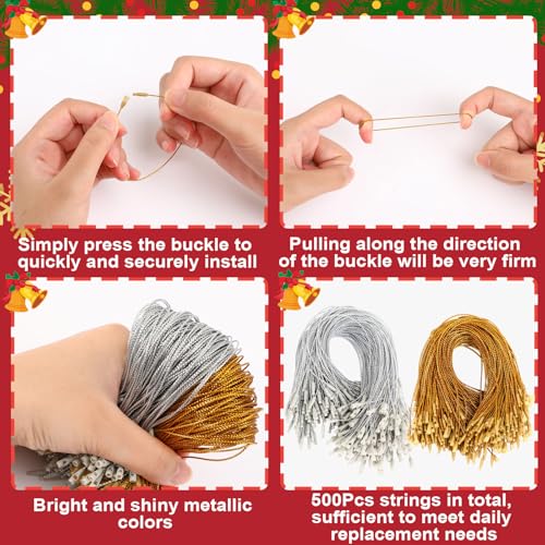 FEBSNOW 500Pcs Christmas Ornament Hangers,Ornament String with Snap for Christmas Tree Decoration Easy Locking Ornament Hooks for Xmas Holiday Wedding Party Hanging Decor Gold, Silver