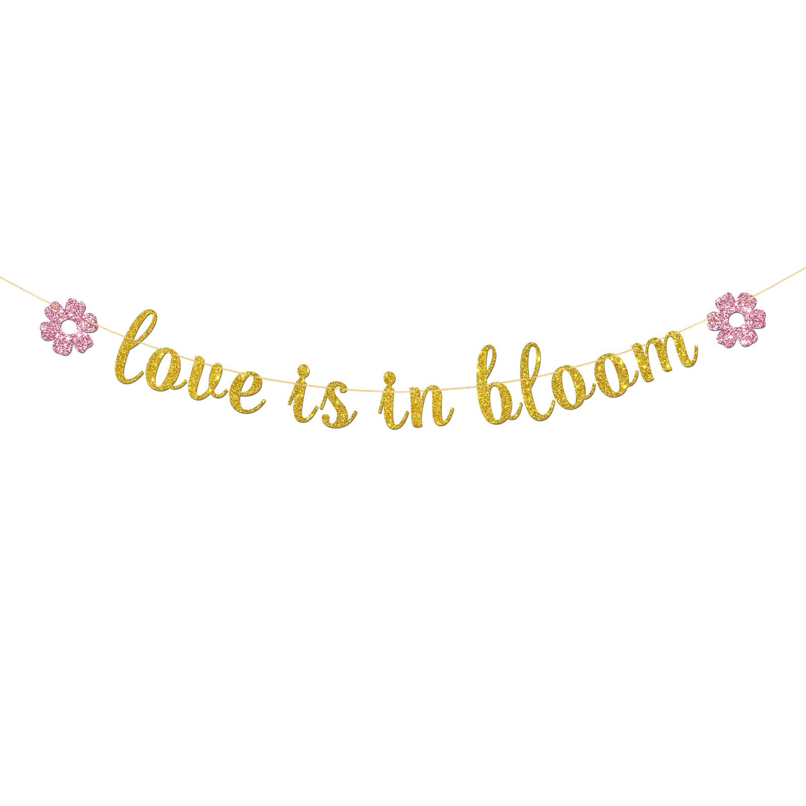 Love is in Bloom Banner - Gender Reveal Party Banner Garland Supplies - Perfect Baby Shower - Newborn Girl Birthday Party Decorations - Gold Glitter