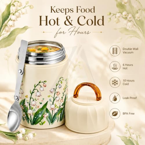Image of Insulated Stainless Steel 1060ml Lunch Box with 350ml Tumbler | Leakproof Hot Cold Food Container | BPA-Free Cute Tiffin Box for Kids, School, Office, Travel, Picnic (Lily of the Valley Floral)