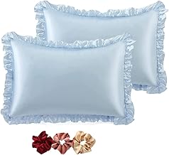 Go Well Ruffled Satin Silk Pillow Covers Pack of 2 for Hair and Skin-with Satin Scrunchies |Satin Pillow coves for Hair and Skin|scrunchies for Women 3-Piece|Silk Pillow case (Sky Blue)