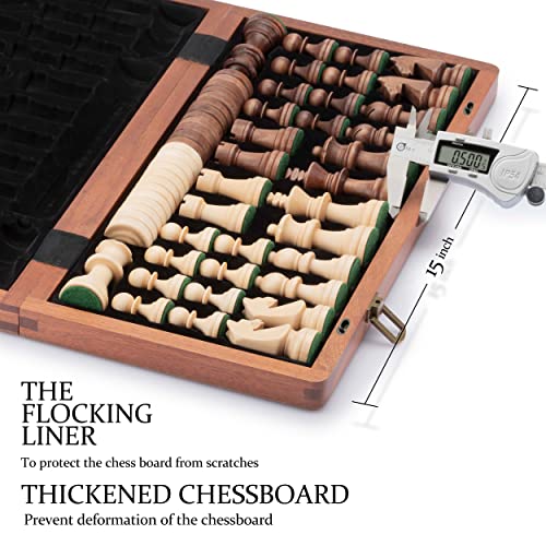 A&A 15 Inch Wooden Folding Chess & Checkers Set W/ 3 Inch King Height Staunton Chess Pieces - Mahogany Box W/Mahogany & Maple Inlay #TOP5