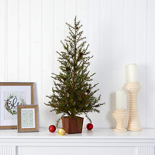 3Ft. Alpine “Natural Look” Artificial Christmas Tree In Wood Planter With Pine Cones #TOP2