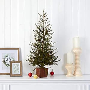 Nearly Natural 3ft Alpine Natural Look Artificial Christmas Tree in Wood Planter with Pine Cones