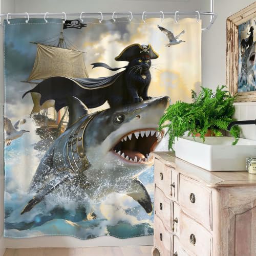 Image of Funny Black Cat Shower Curtain Kids Cute Animal Riding Shark Hilarious Surfing Cool Beach Ocean Waves Pirate Ship Cartoon 72Wx72H Inch Boys Men Waterproof Polyester Fabric Bathroom Bathtub