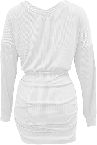 Miniatura 5 de Luckinbaby Vestido de manga larga de punto para mujer, vestido corto fruncido, con hombros descubiertos, sexy, de punto, mini vestidos ajustados
