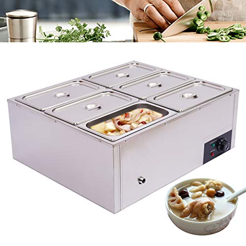 Electric Commercial Food Warmer, 6-Pan Steam Table Stainless Steel Bain Marie Buffet Countertop Stainless Steel Electric Heating with Temperature Control & Lid for Parties, Catering, Restaurants