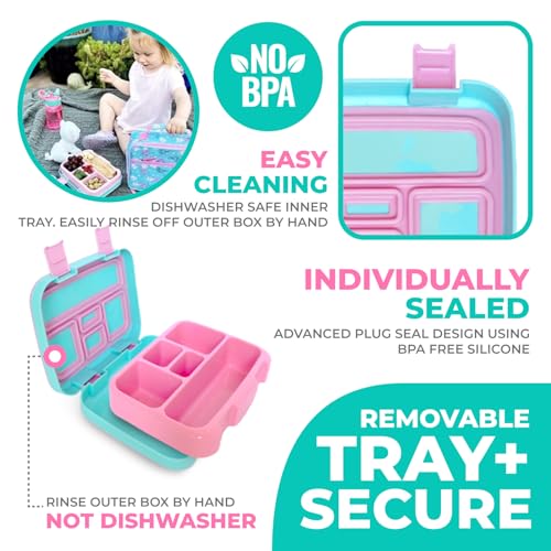 Image of kinsho Bento Lunch Box. Insulated Bag, Water Bottle & Ice Pack Set for Kids, Toddlers, Girls. 5 Portion Sections, Removable Tray, Pre-School Toddler Daycare Lunches, Snack Container, Aqua Cat Mermaid