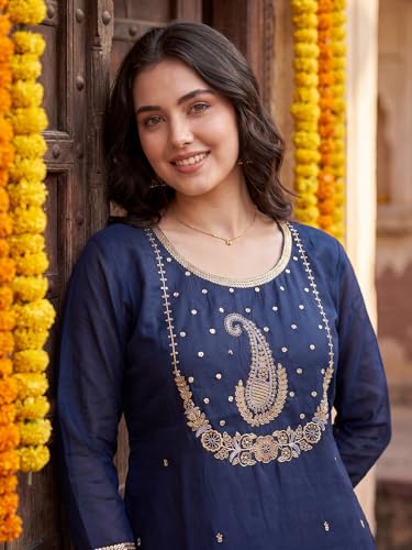 Image of INDO ERA Women's Viscose Self Design Straight Kurta with Pant & Dupatta Set
