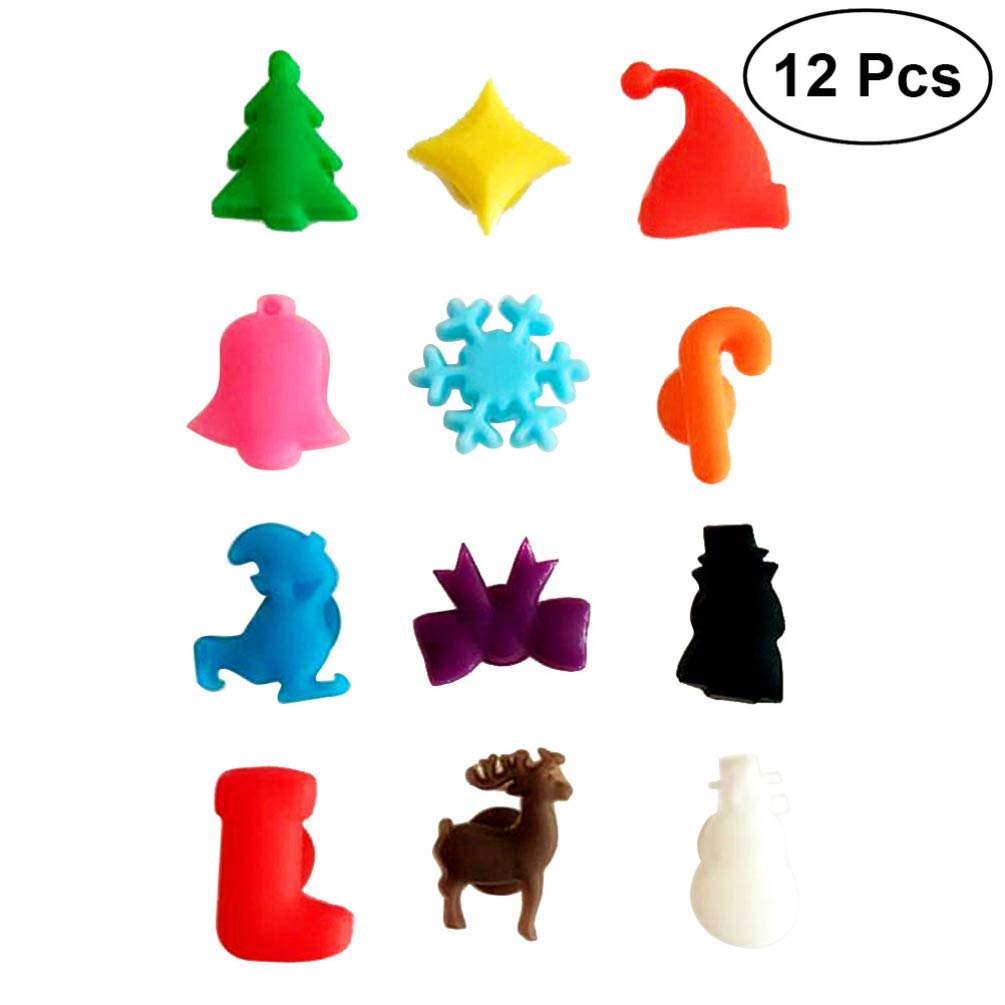 Cabilock 12pcs Christmas Wine Glass Markers Silicone Holiday Cocktail Drink Charms Markers with Suction Cup for Goblet Flutes Cocktails Guests Hostess Christmas Stocking Stuffer