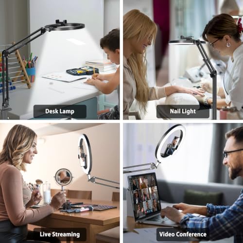 Image of Upgrade Ring Light with Stand, Overhead Phone Mount for Desk, 10 inch Selfie Light with Stand Tripod for iPhone, Light with Phone Holder for Video Recording,Zoom Meeting,Live Streaming Tiktok,YouTube