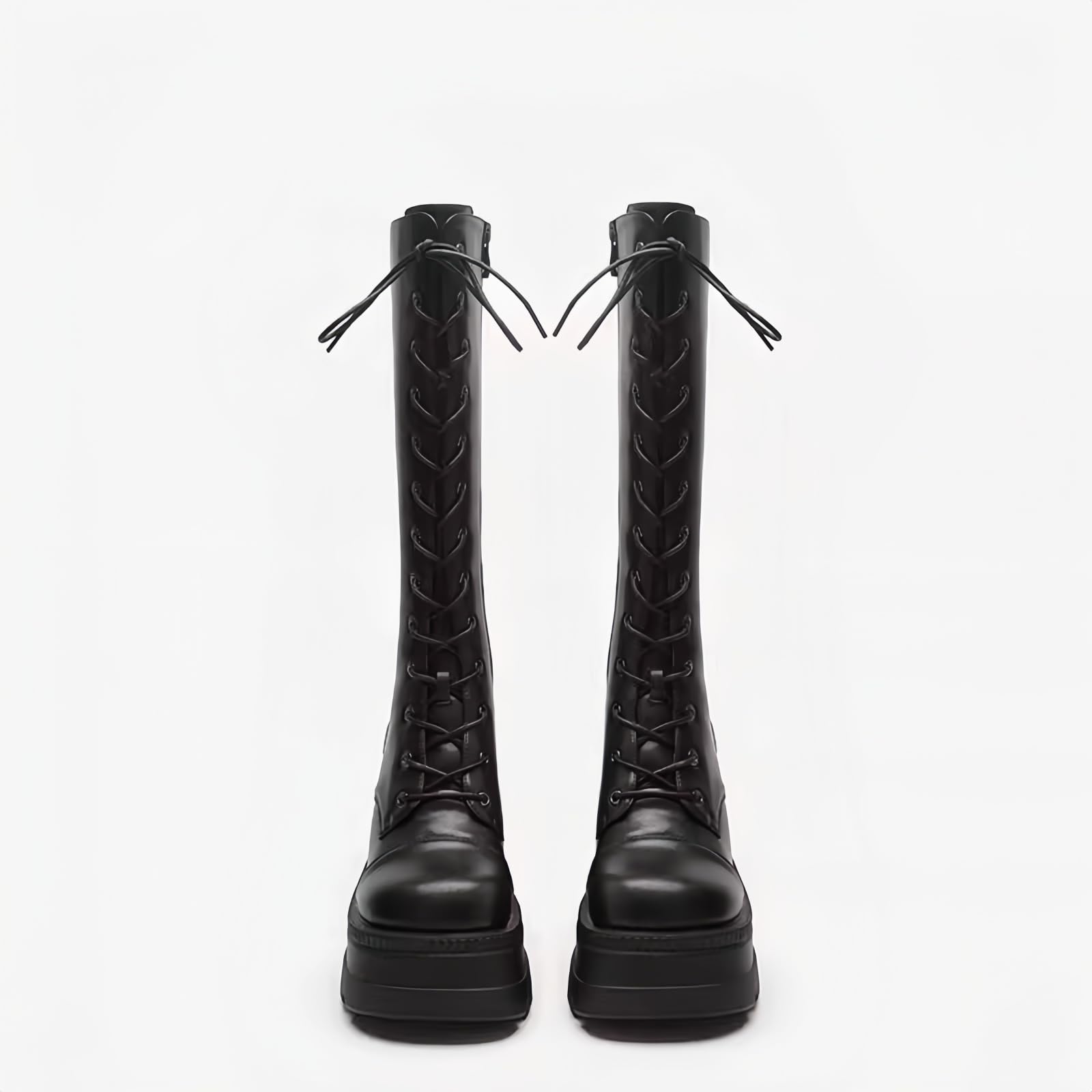 Stivali da ginocchio con piattaforma a cuneo alto con tacco piattaforma grosso Lace Up & Zipper Punk Goth Stivali da combattimento di vitello medio Stivali da moto con fibbie in metallo