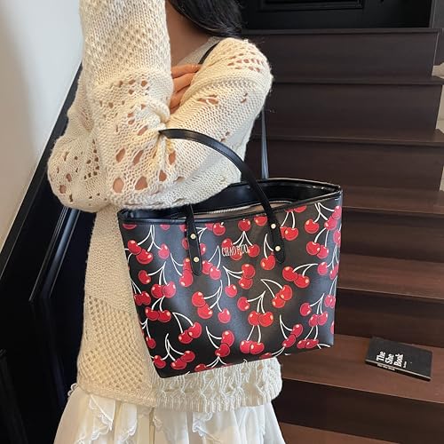 Image of hibear Cherry Print Tote Bag for Women Bow Shoulder Handbag Trendy Faux Leather Top-Handle Bag with Cherry Accessories