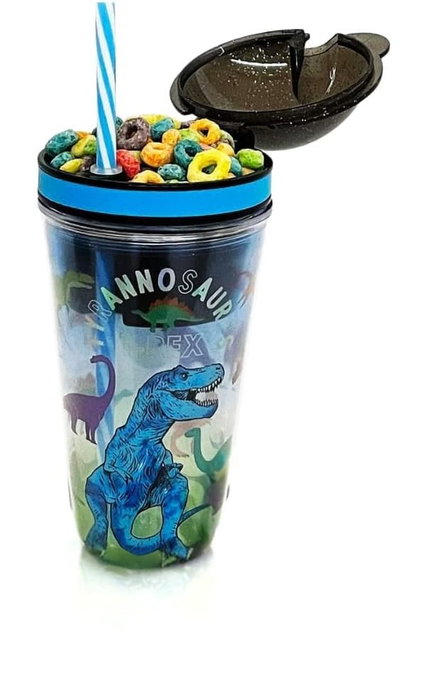 Hot Focus Snack and Drink Cup, Kid's Combo All-in-One Tumbler for On-The-Go, 2 Bonus Sheets of Fun T-rex Stickers, Straw Included (Dinosaur)