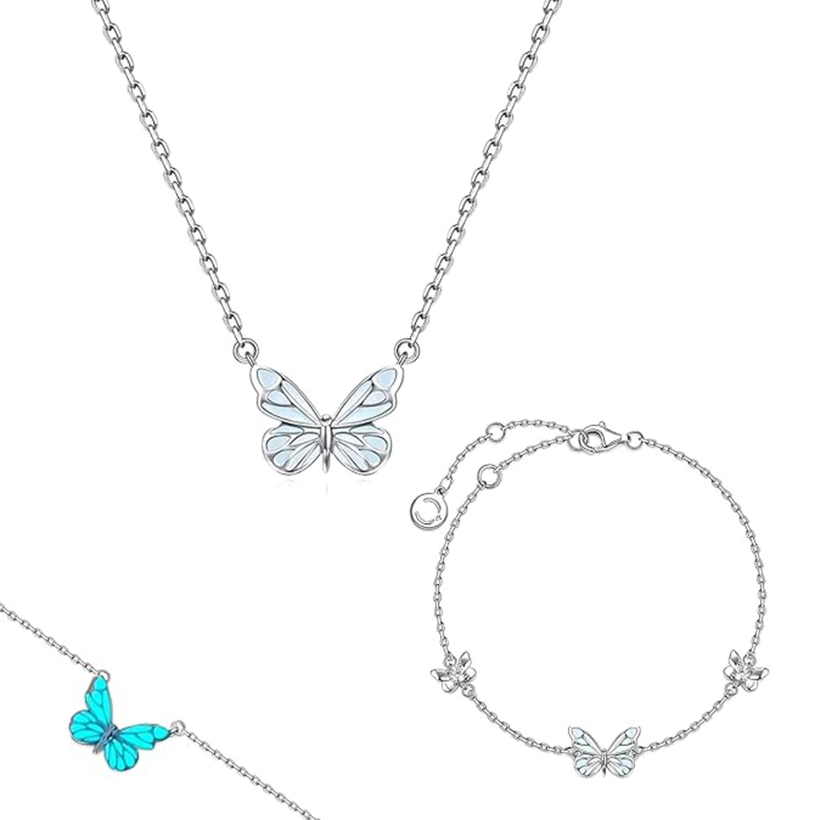 Juego de collar y pulsera de la colección de mariposas luminosas, collar de mariposa, collar con colgante que brilla en la oscuridad para mujer