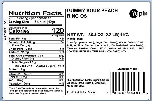 Yupik Ring O's Gummies, Sour Peach, 2.2 Lb, Chewy Candy #TOP1