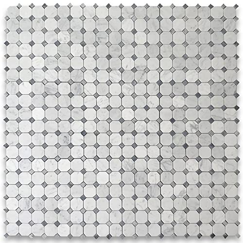 Stone Center Online Carrara White Marble 2 Inch Octagon Mosaic Tile W/Bardiglio Gray Dots Honed Kitchen Bath Wall Floor Backsplash Shower (1 Sheet) #TOP1