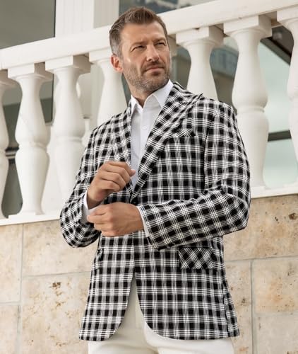 Men Black and White Plaid Blazer, Two-Button Sport Coat, Business Casual Lightweight Single Breasted2