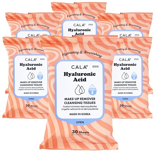 CALA Makeup Remover Cleansing Tissues: Hyaluronic Acid (30 Sheets) - Hydrating, Gentle Wipes for a Smooth, Radiant Complexion, Safe for All Skin Types (180 count, Pack of 6)