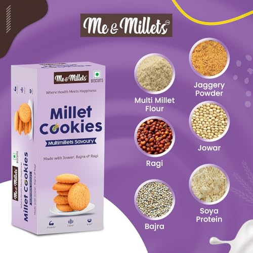 Image of ME & MILLETS Combo Multimillets Savoury & Multigrain Power Cookies (75g X 2) Delicious Millets Biscuits, Rich In Fiber & Protein, Healthy Tea Snack (Jain Friendly)