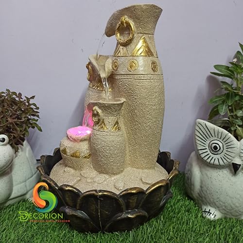 Image of Decorative Table Top Water Fountain for Home Decor /Office /Indoor & Outdoor /Garden /Puja Room /Vaastu with Multicolor LED Light and Adjustable Water Pump (Yellow Stone Matki)