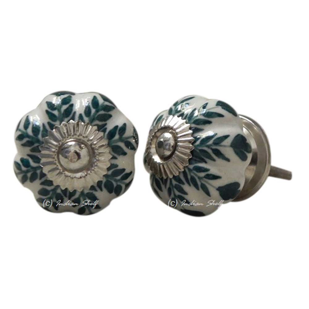 Indian-Shelf 4 Piece Green Knobs -Ceramic Knobs For Cabinets - Leaf Main Door Handle - 3.81 cm Drawer Pulls