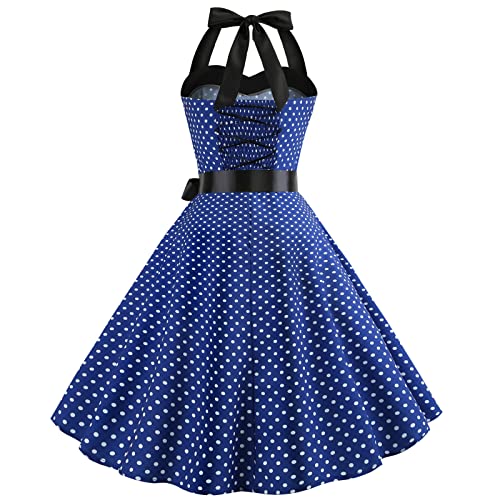 Image of Women Vintage Polka Dot 1950s Rockabilly Halter Audrey Dress Retro Floral Evening Cocktail Swing Dress