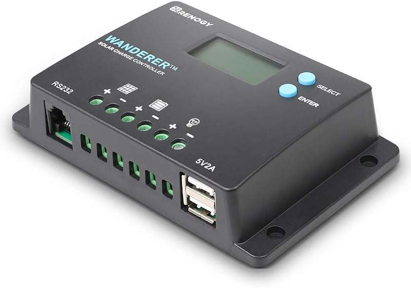 Controlador de carga solar Renogy Wanderer 10A PWM 12/24V para paneles solares | Entrada fotovoltaica de 50 V, AGM/Gel/Inundado (automático), Li (manual), LCD, protección contra sobrecarga/cortocircuito, tierra negativa, compensación de temperatura, para vehículos recreativos